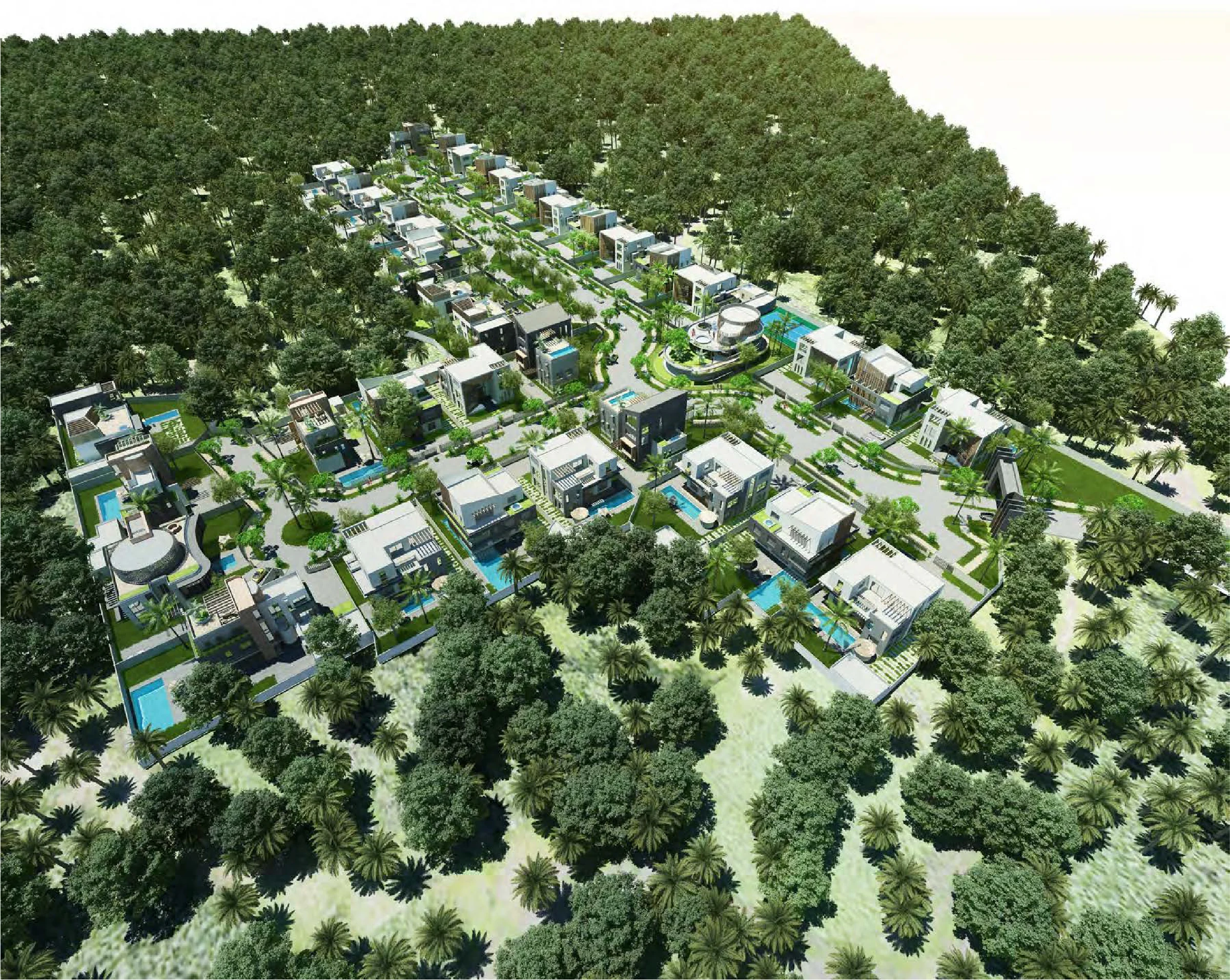 Aerial view of The Mulberry's collection of contemporary villas framed by greenery.