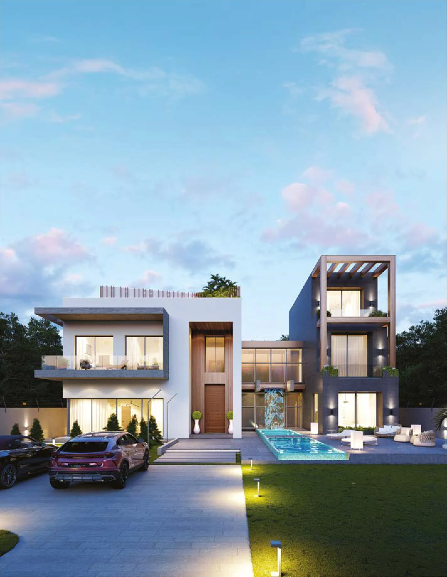 A Chrome Realty residence at The Mulberry at twilight, with a lit private pool and warm interior lighting.