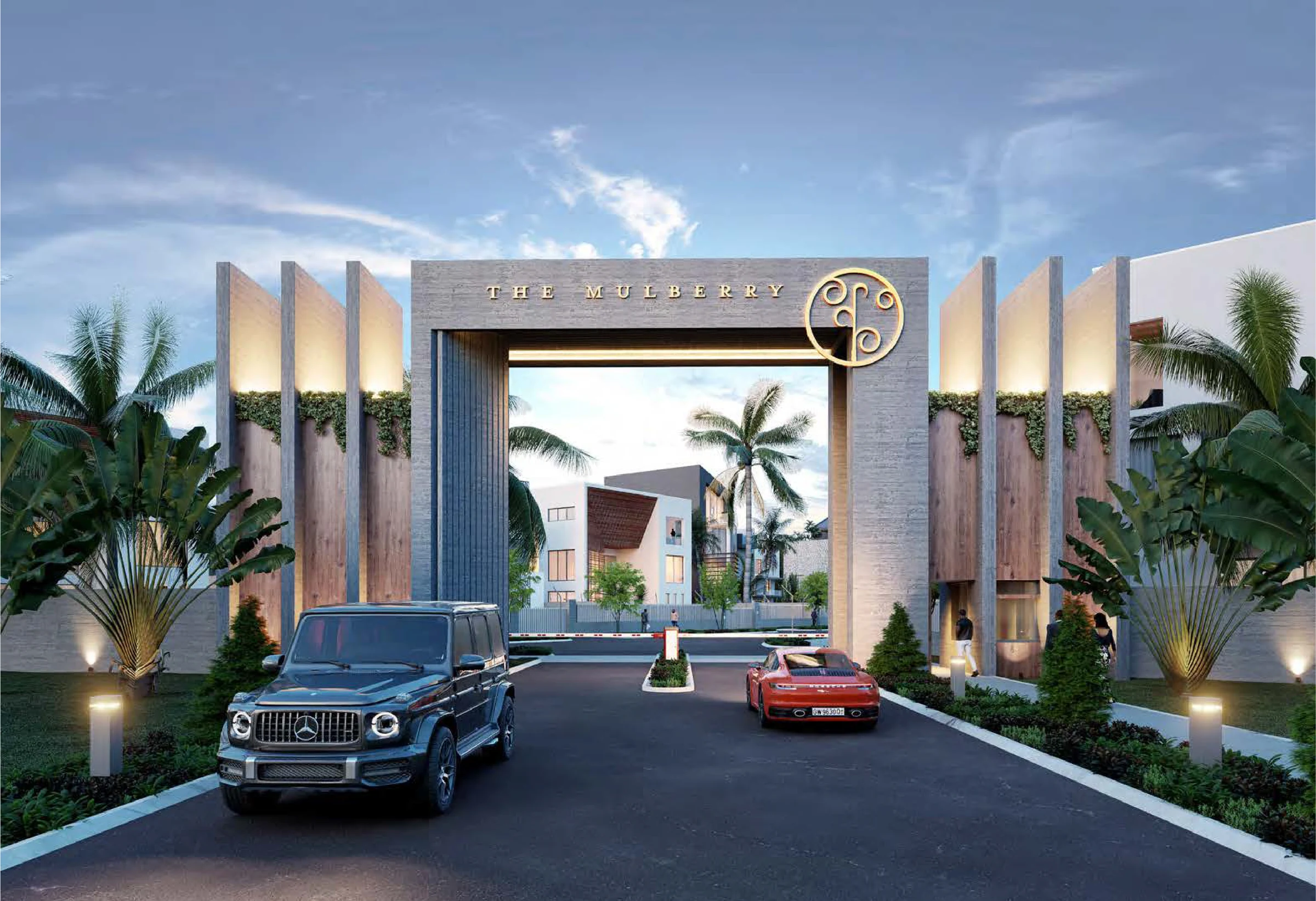 The grand gated entrance to The Mulberry in Cantonments, Accra.
